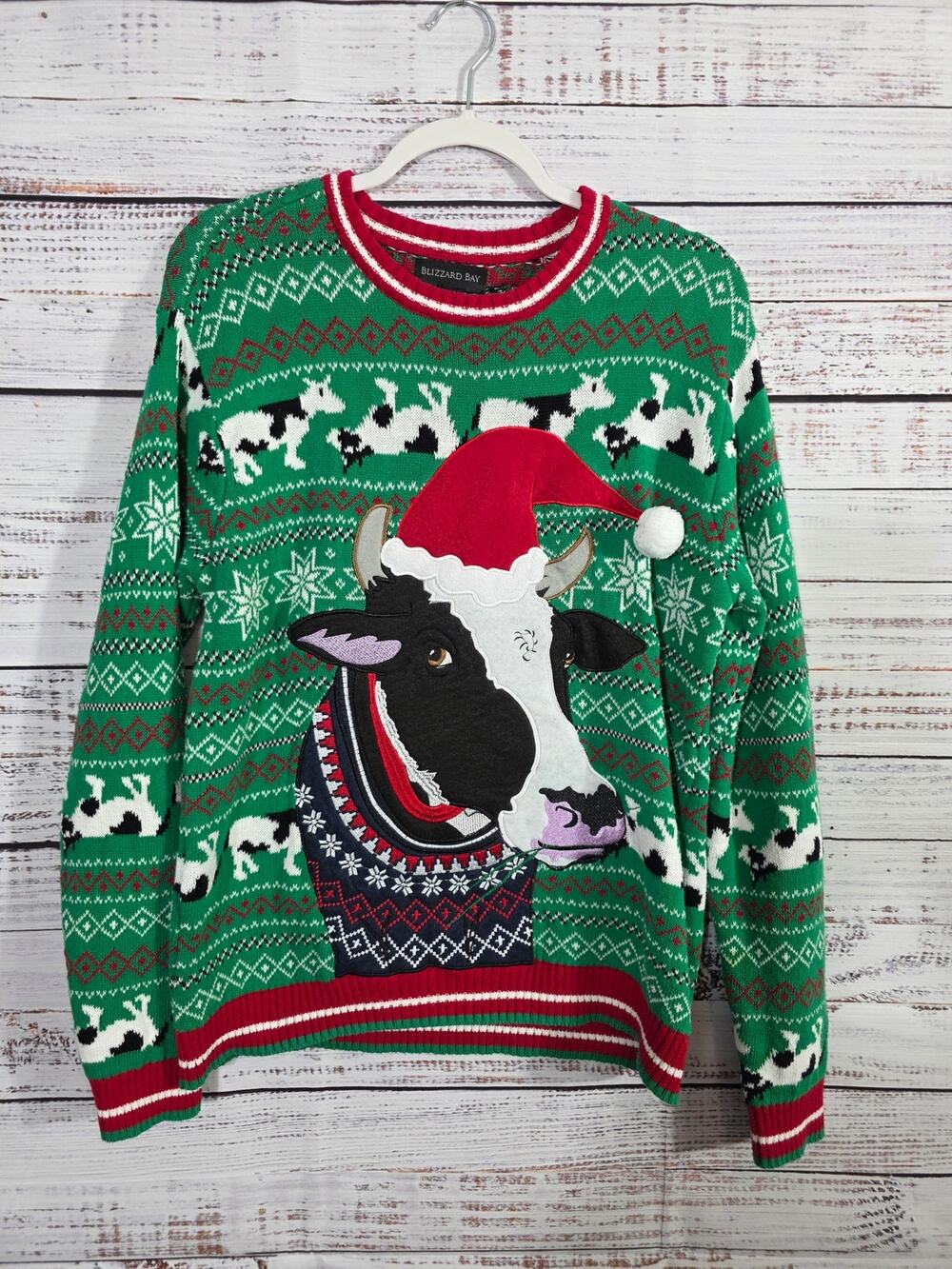 Blizzard Bay Ugly Christmas Sweater Cow Santa Hat Green Men's Medium Holiday
